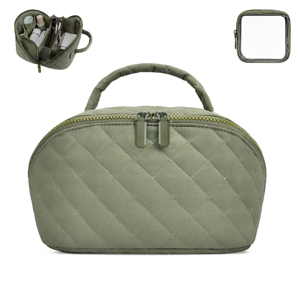 Makeup Bag,Quilted Puffer Cosmetic Bag for Women, 180° Lay-Flat Medium, Green