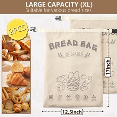 Reusable Bread Bag for Homemade Sourdough, 2 Pack XL 12.5″ x 17″, Beige
