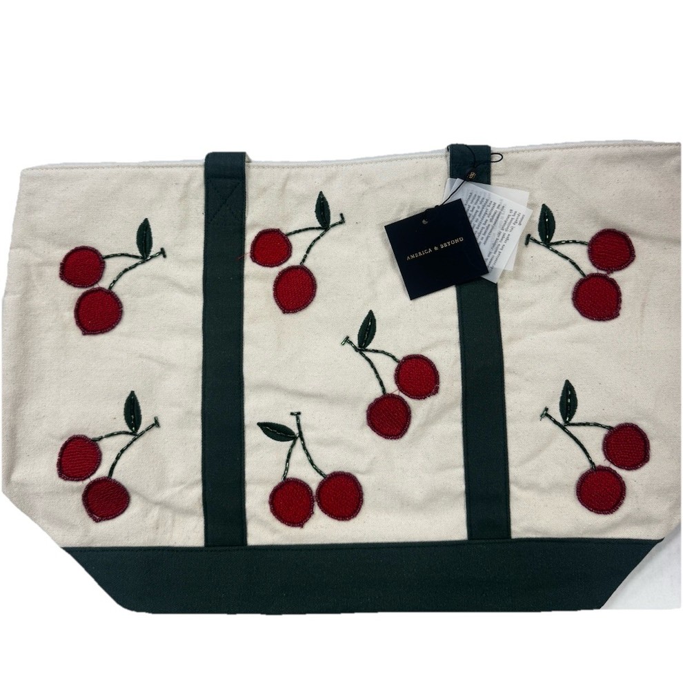 America & Beyond Cherry Embroidered Beach Tote Bag Beige/Green/Red/Black