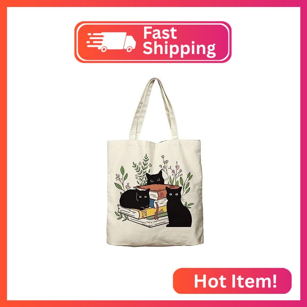 Dlzdn Black Cat Canvas Tote Bag For Women Aesthetic Cute Cat Floral Book Tote Ba