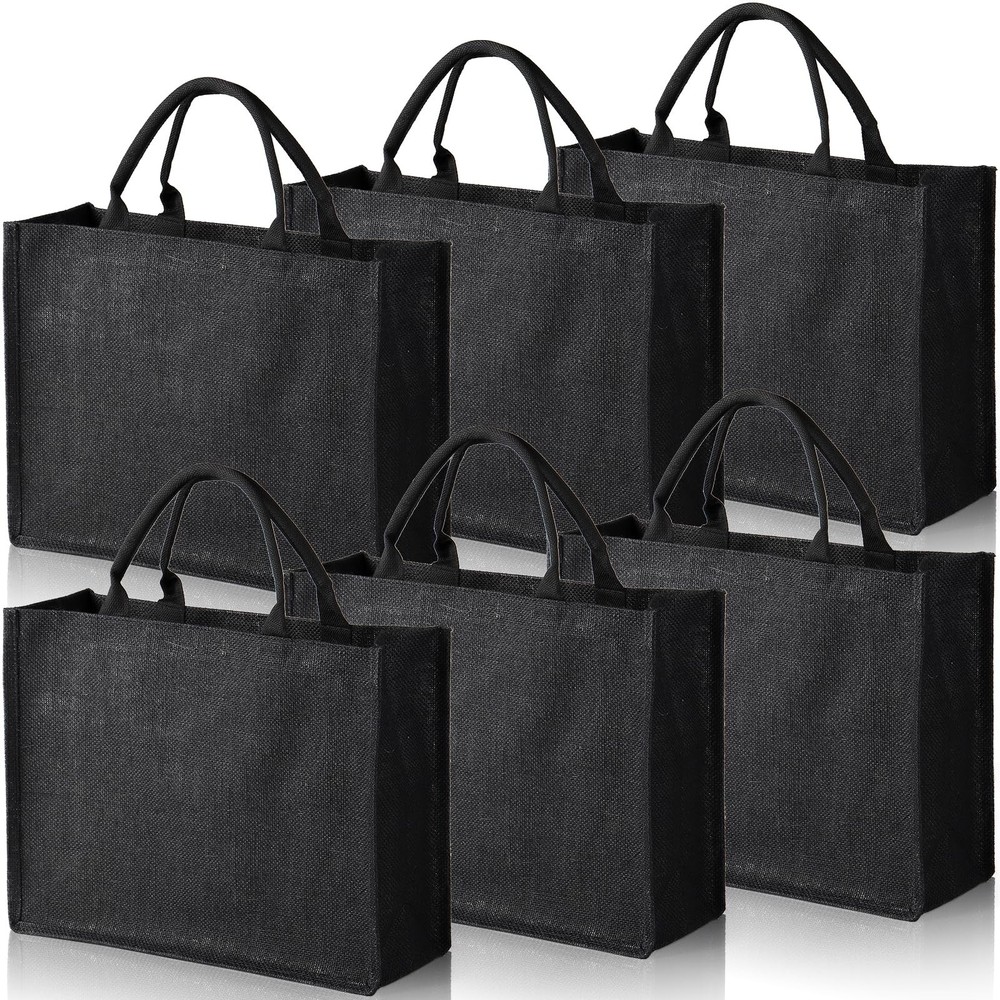 6 Pack Large Jute Burlap Tote Bag, Black Jute Beach Bag with Laminated Interi…