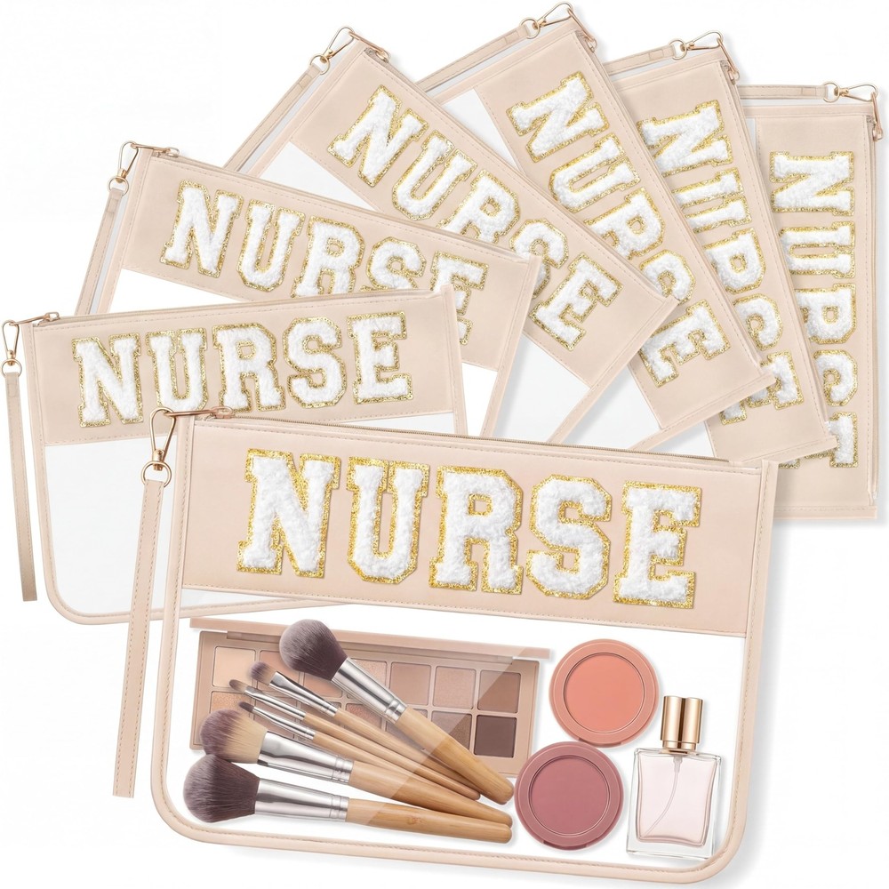 Sunnymove 6 Pcs Nurse Makeup Bag, Chenille Letter Patch Nylon Nurse, Beige