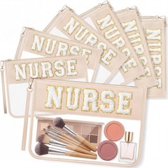 Sunnymove 6 Pcs Nurse Makeup Bag, Chenille Letter Patch Nylon Nurse, Beige