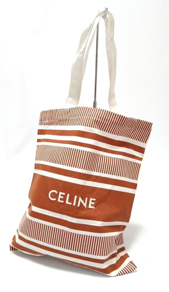 CELINE VIP Gift Orange Stripes Canvas Cotton Tote Shoulder Bag Size:S