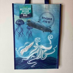 Trader Joe’s Ocean Recycled Plastic Tote Bag Reusable Shopper Blue Sea Water NWT