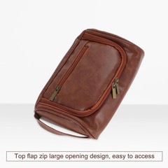 GLIDESMOOTH Toiletry Bag, PU Travel Cosmetic Bag 8.66”x3.15”x6.1”, Brown
