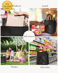 Black Insulated Grocery Bags, 4 Pack Reusable Shopping Bags with Zippered Top
