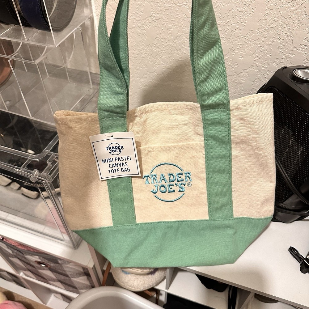 Trader Joe’s Mini Pastel Canvas Tote Bag Green Beige Foldable Solid