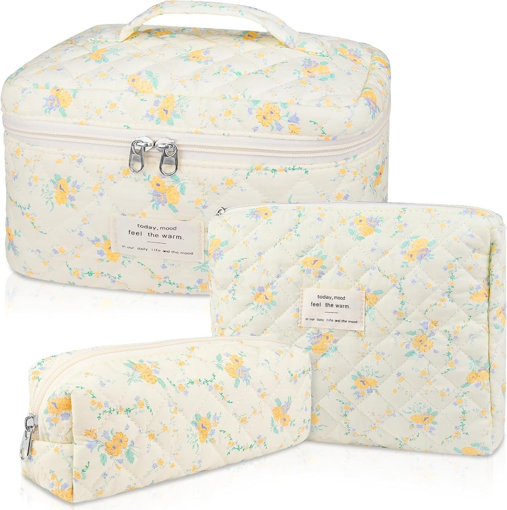 Quilted Makeup Bag Set, Large Floral Cosmetic for Women, Yellow Daylily