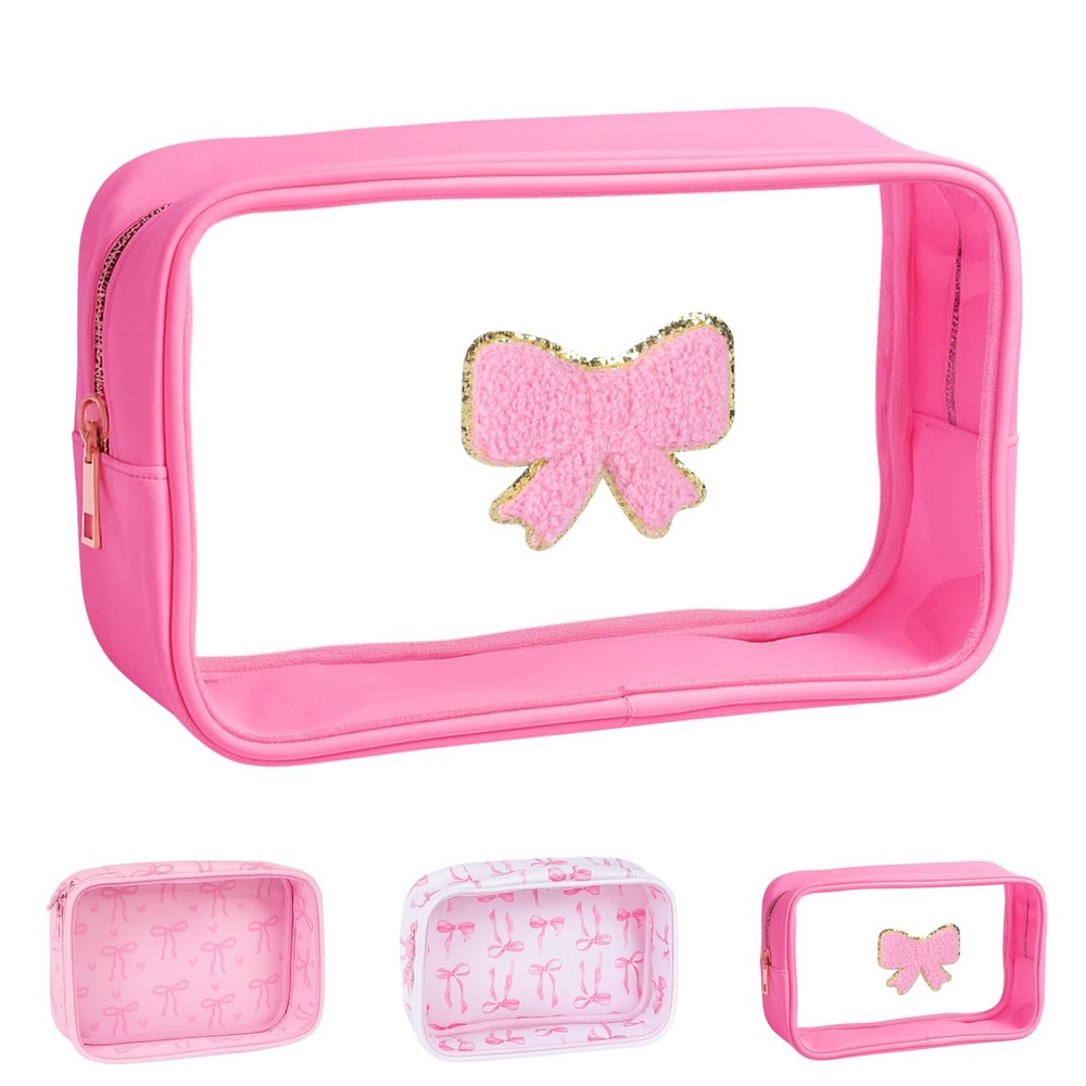 Yoolhamy Pink Clear Bow Cosmetic Bag for Women Girls Cute Travel