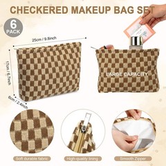 Gilprop 6 Pcs Checkered Makeup Bag Knitted 9.8 x 6.7 x 2.4 inches, Coffee