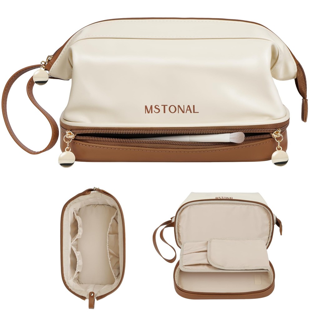 MSTONAL Travel Makeup Bag, Large Capacity Double Layer Medium, Beige & Brown