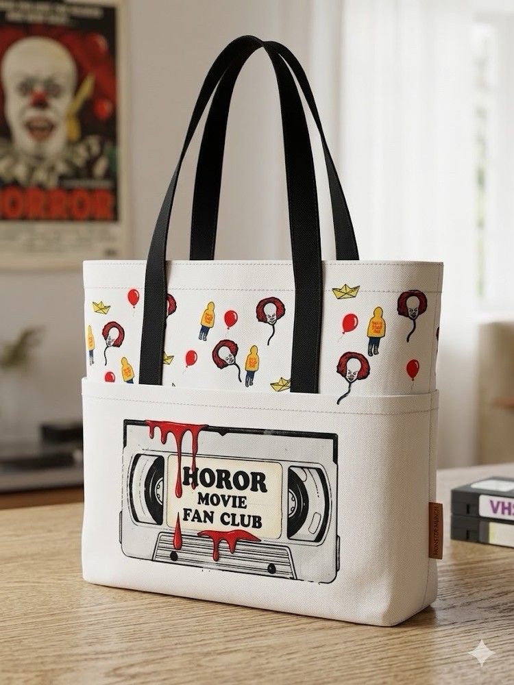Pennywise It Retro VHS Tape Horror Cane Club Tote Bag With Pockets And Button