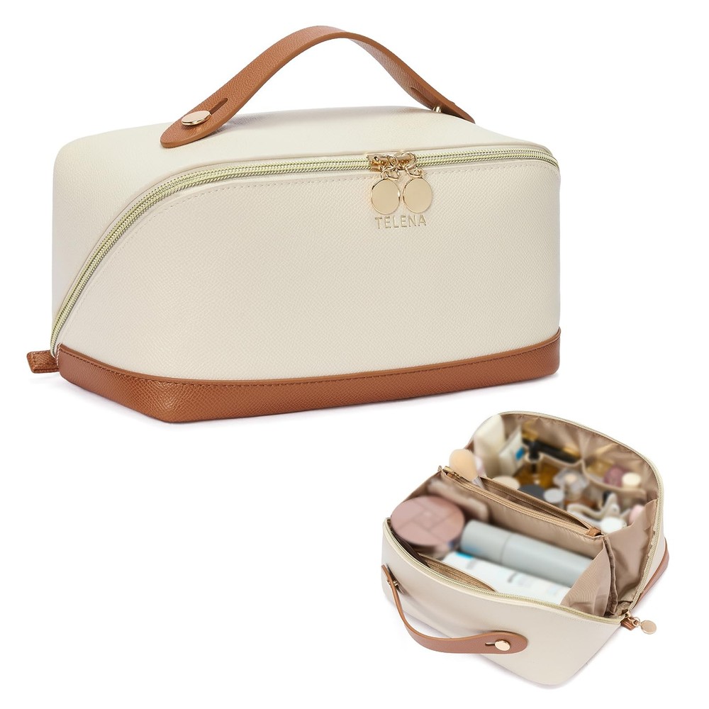 Telena Leather Make Up Bag Portable Travel Makeup 0-Beige with Brown