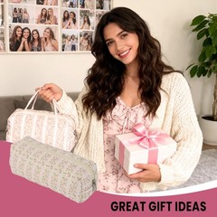 LBZ4ZUONISP Cotton Makeup Pouch Cosmetic Bag for Women Pink Floral