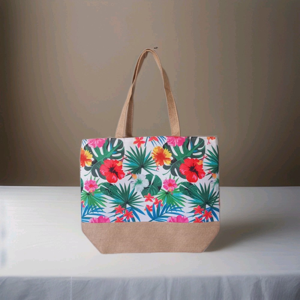 Multicolor Leaf Print Polyester Tote Reusable Bag Beige Handles green leaves.