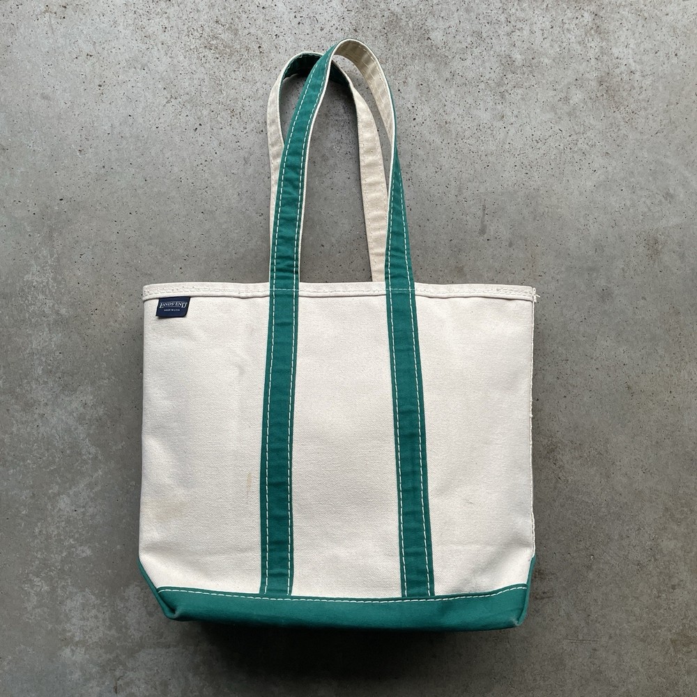 Vintage Lands’ End Boat & Tote Bag Canvas Sack Full Zip Green / White USA MADE