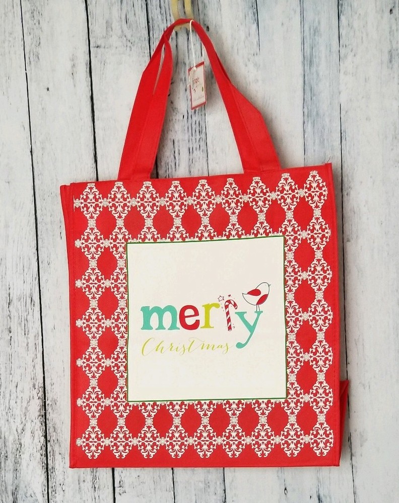 MERRY CHRISTMAS Shopping Tote Bag Handles Snap Grocery Gift shopper eco reuse
