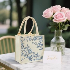 6 Pcs Chinoiserie Burlap Tote Bags Blue White Floral Bird Jute Bag Reusable B…