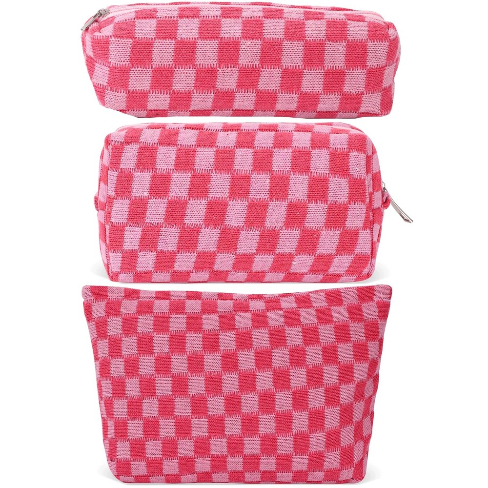 LYDZTION Large Capacity Makeup Bag Set – 3 Pieces Checkered 3pcs rose red