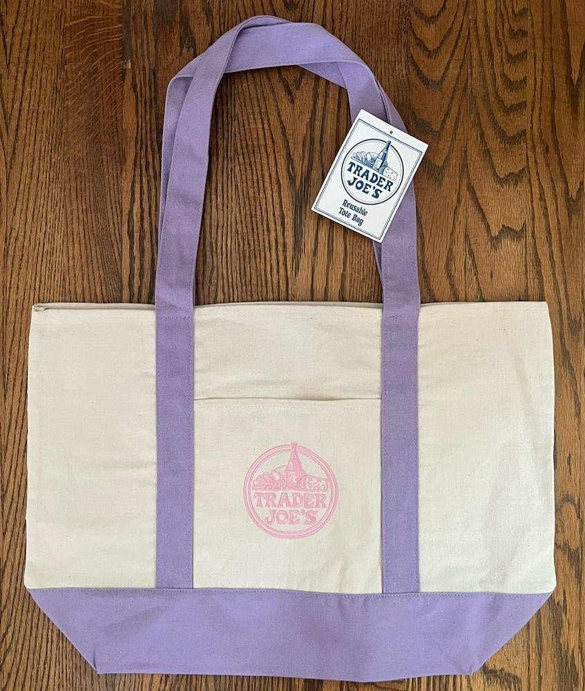 NWT LIMITED EDITION TRADER JOE’S EMBROIDERED LOGO CANVAS TOTE BAG PINK PURPLE LG