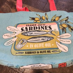 Trader Joes Sardines Canvas Tote Bag Teal Red Grocery Bag Made in USA Novelty