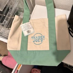 Trader Joe’s Mini Pastel Canvas Tote Bag Green Beige Foldable Solid