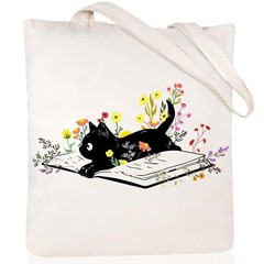 Tote Bag for Women Aesthetic Cute Canvas Tote Bag with Zipper Pocket Cat Book…