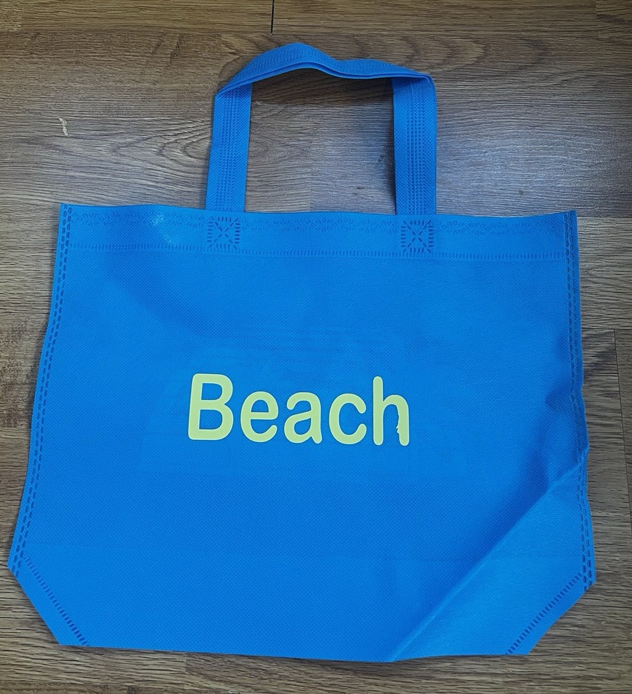 Blue Yellow Foldable Reusable Shopping Bag Non-woven Palm Tree Stripes Text