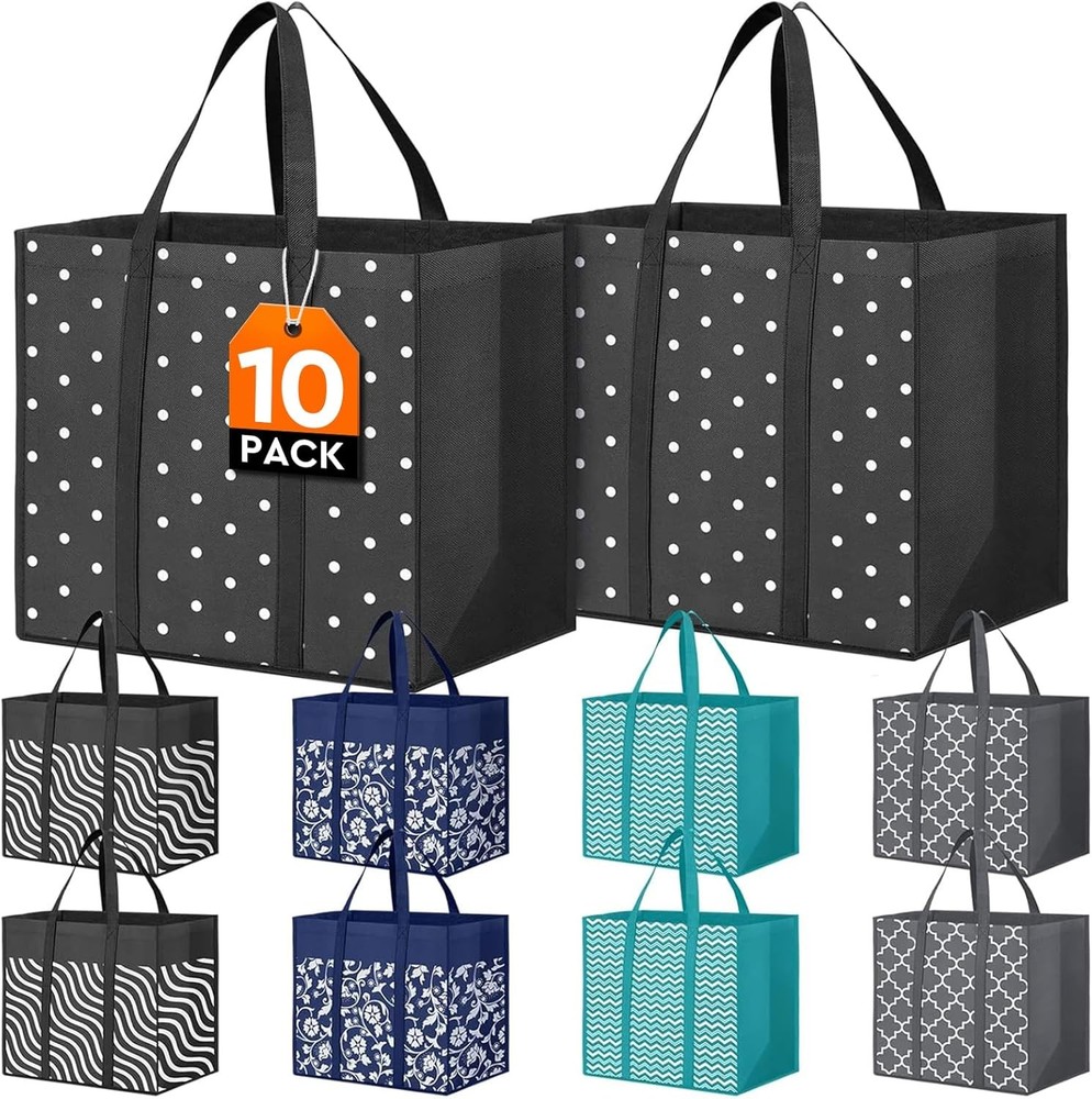 10 Pack Reusable Grocery Bags for Groceries 35L Large Capacity，Sturdy Handles
