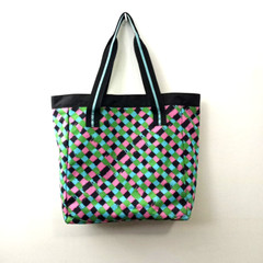 IPACK Large Grocery Bag Shopping Tote Snap Closure Pink Blue Green Weave Print