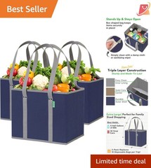 Reusable Grocery Bags 3 Pack Canvas Heavy Duty Large Tote Box Shape Stand Up