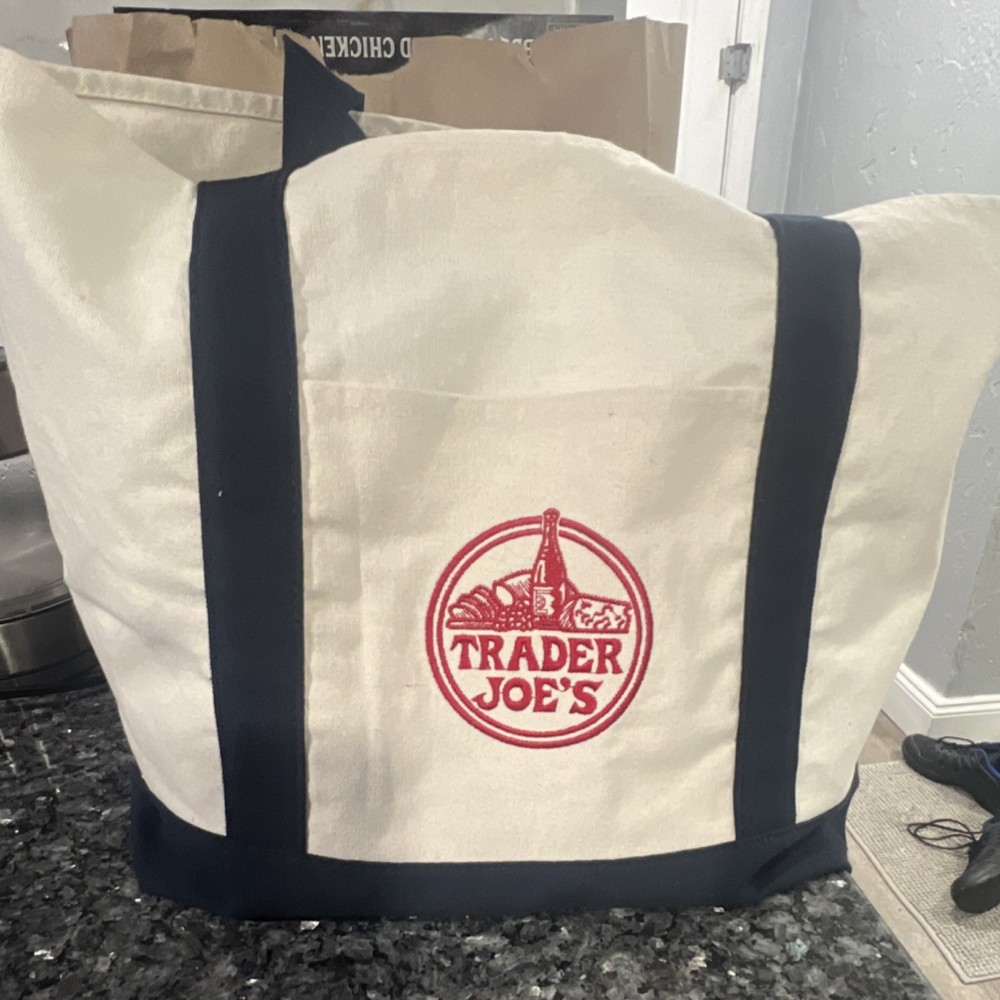 Trader Joe’s Canvas Reusable Shopping Bag Beige Navy Blue T2408