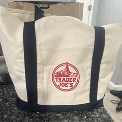 Trader Joe’s Canvas Reusable Shopping Bag Beige Navy Blue T2408