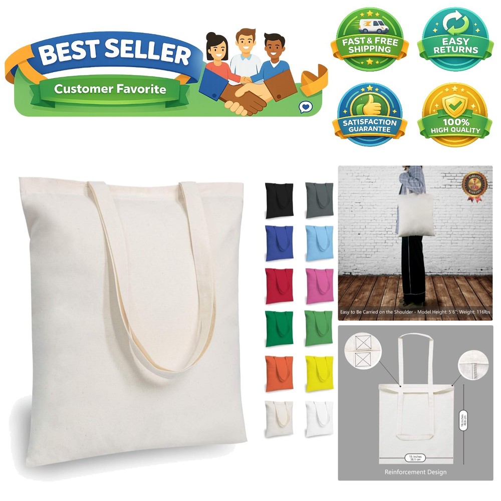 12-Pack Economical 16″x15″ Cotton Tote Bags, Lightweight Medium Reusable Groc…