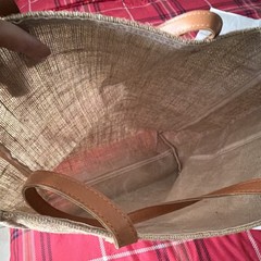 Large Beige Jute Tote Bag Foldable Modern Style with Leather Handles 16x18x6in