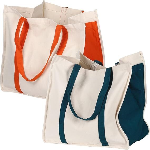 Heavy Duty Reusable Cotton Canvas Grocery Tote Bags with Side Pockets, Large Uti