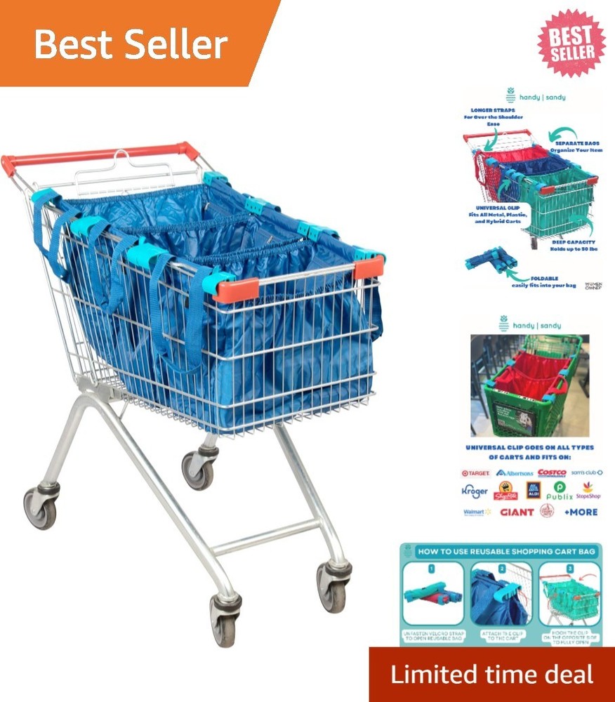 Bright Blue Cart Caddy – 3 Reusable Grocery Bags with Secure Clip Attachment