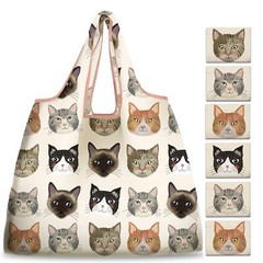 6 Pack Grocery Bags Reusable Cute Cat Animal Shopping Bags Washable Foldable Wat