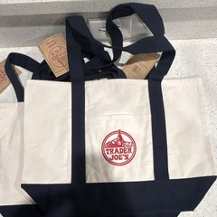 Trader Joe’s Foldable Canvas Reusable Tote Bag Beige Navy Blue Solid