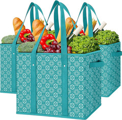 Reusable Grocery Bags 3 Pack Large Collapsible Shopping Tote Upright Box Storage