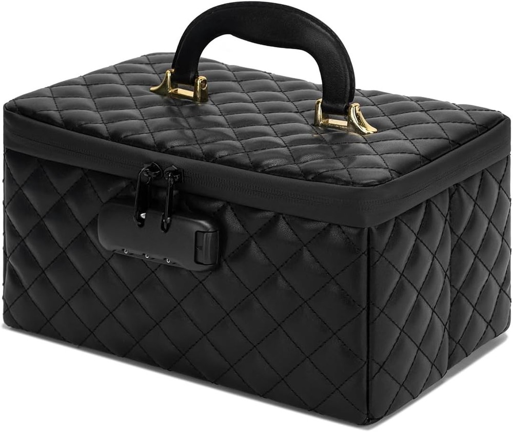 Portable makeup box with Lock, Large Capacity Travel Makeup Case Black