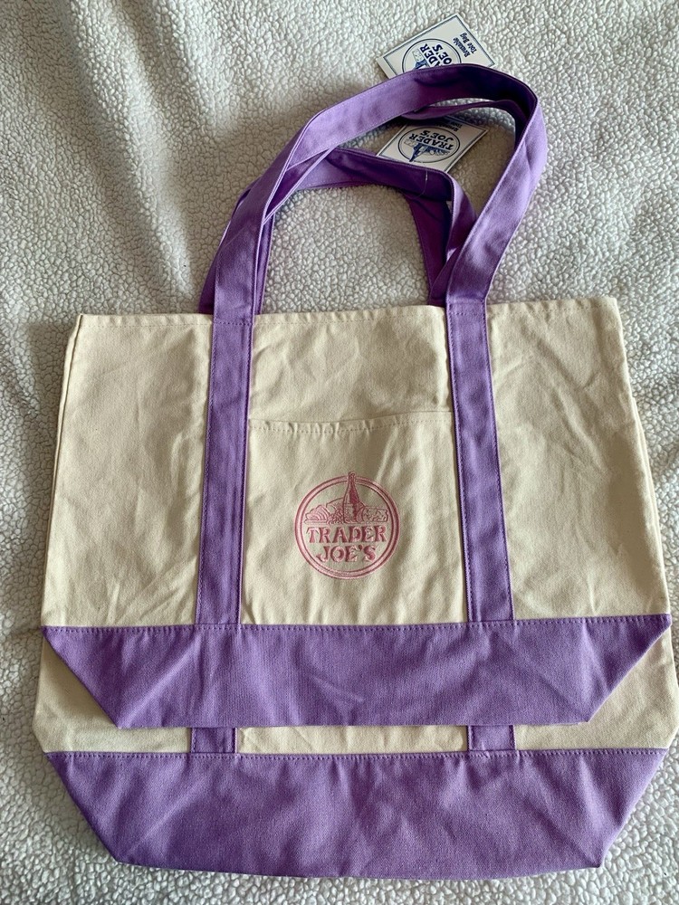 Trader Joe’s Easter 2026 Lilac Canvas Tote Bag Full Size NWT Double Sided Pocket