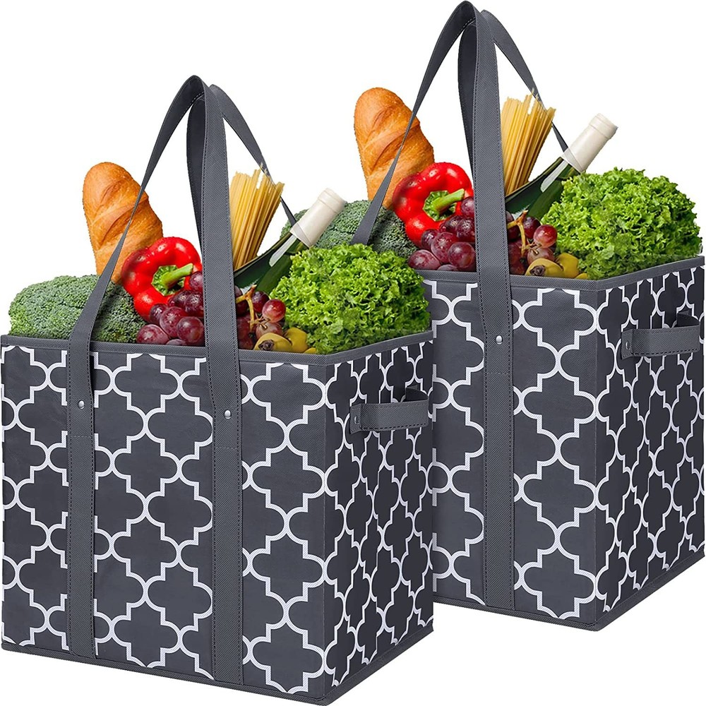 2 Pack Dark Grey Reusable Grocery Bags Foldable Washable Large Shopping Tote