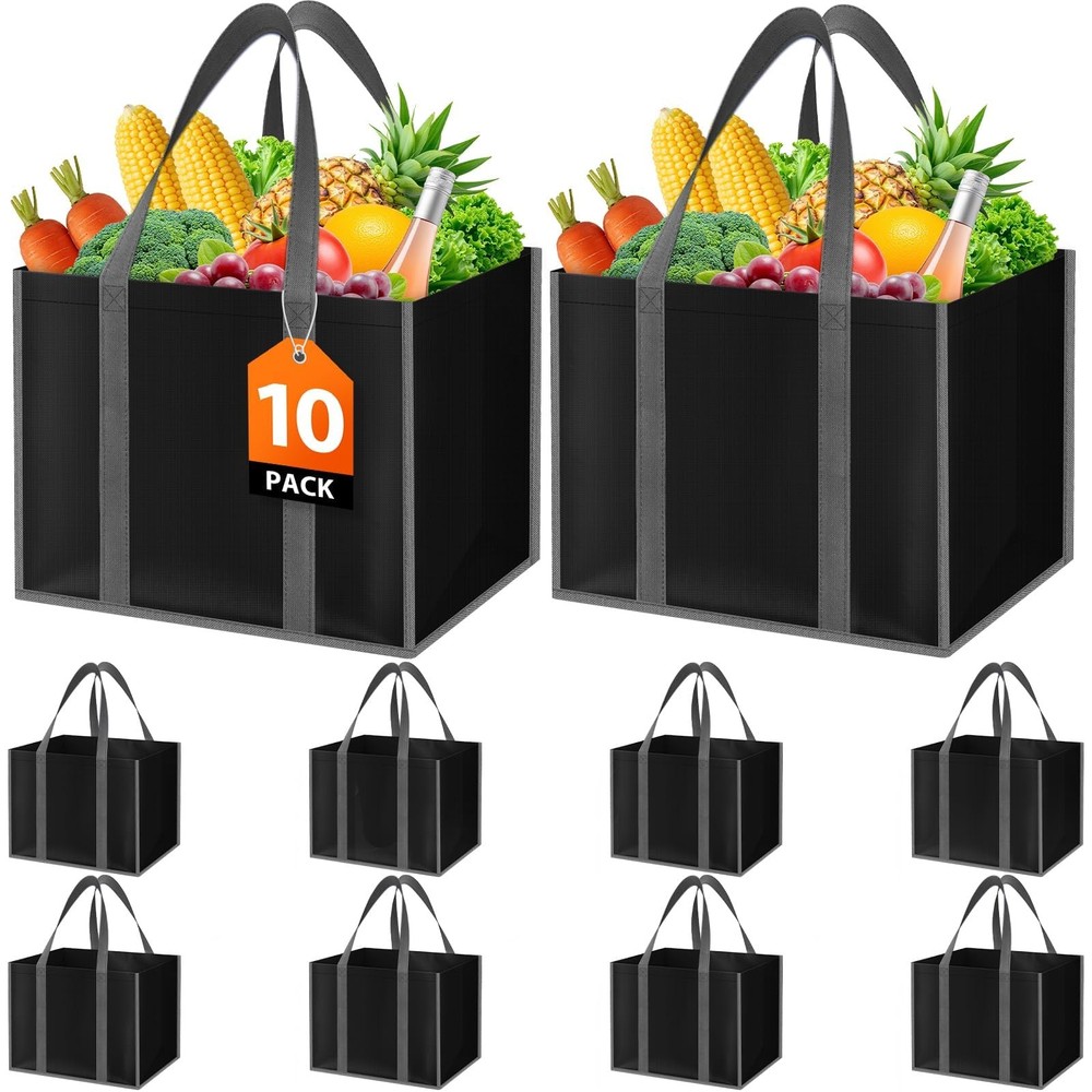 Black Large Foldable Reusable Grocery Shopping Tote Bag Long Handle 10 PCS