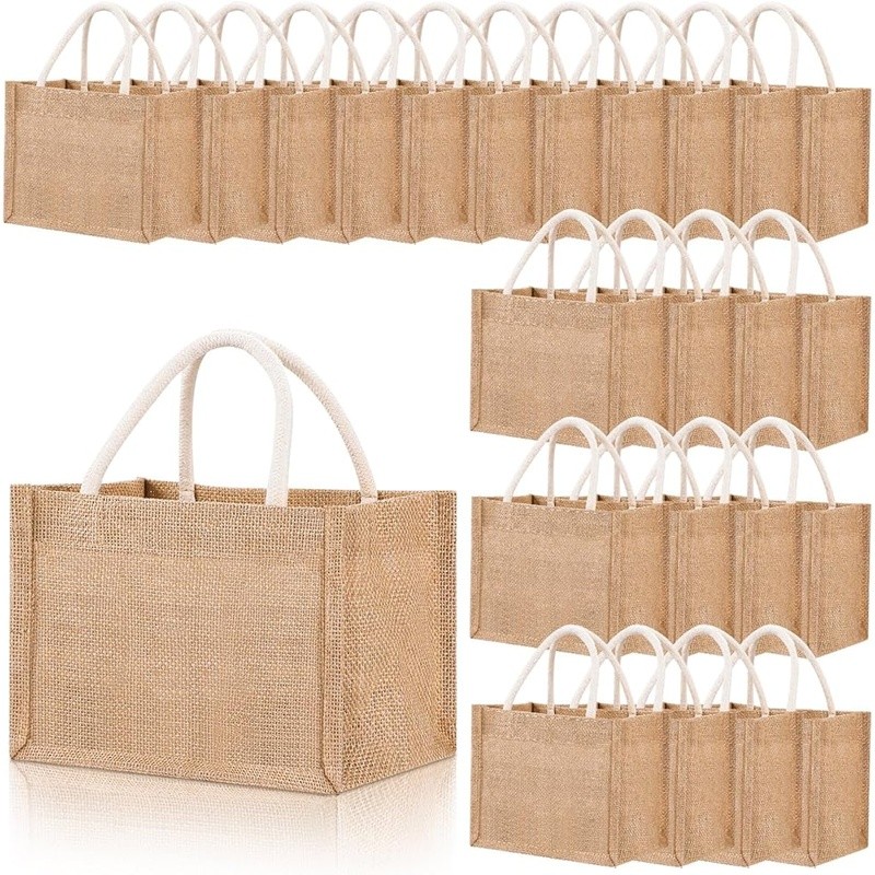 24 Reusable Burlap Tote Bags Cotton Handles Waterproof Gift Shopping Bags New