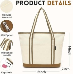 Lar Canvas Tote Bag for Women, Beach Bag with Zipper, Utility Tote Bag