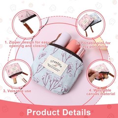 LIQWEI 4Pcs Mini Makeup Bag, Linen Floral Small Pink + Blue + White + Brown