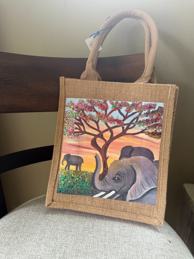 Hand-Painted Tote Bag Limited Edition Reusable Canvas Elephant Sunset Wearable