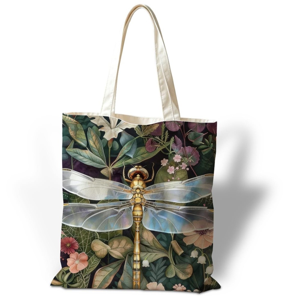 Dragonfly Canvas Tote Bag for Women, Reusable Grocery Shoulder Shopping Bags,…